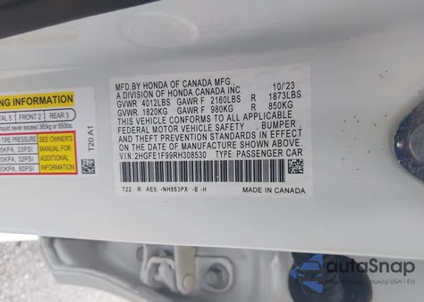 2024 Honda Civic Touring z USA, uszkodzony, nr VIN 2HGFE1F99RH308530